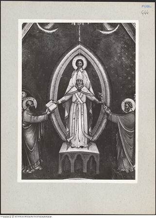 Vorderseite von Bibliotheca Hertziana [https://www.deutsche-digitale-bibliothek.de/content/lizenzen/rv-fz/] Zyklus der Sakramente und des Alten TestamentsGewölbe: die SakramenteOstlicher Zwickel: Triumph der Kirche - Christus, der Papst und die heiligen Paulus und Petrus, bh213450_recto. Foto: Rigamonti.