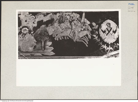 Vorderseite von Bibliotheca Hertziana [https://www.deutsche-digitale-bibliothek.de/content/lizenzen/rv-fz/] Zyklus der Apokalypse; HeiligenNordwand: Apokalypse-Zyklus und HeiligenViertes Register: Johannes mit der Engel auf der Insel Patmos; der Reiter Treu und Wahr mit seinem großen Heer (19, 11-16); die vom Engel gesammelten Vögel (19, 17-18); die Schlacht zwischen dem Tier (Antichrist), dem falschen Prophet und dem Reiter mit seinem Heer (19, 19-21) - Johannes mit der Engel auf der Insel Patmos; der Reiter Treu und Wahr mit seinem großen Heer; die vom Engel gesammelten Vögel, bh213458_recto. Foto: Rigamonti.