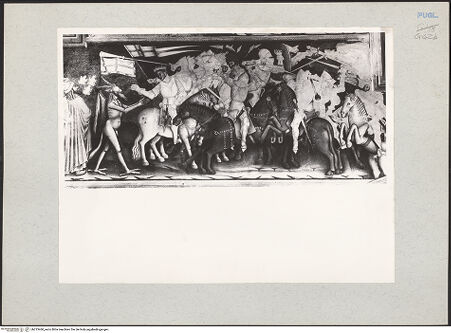 Vorderseite von Bibliotheca Hertziana [https://www.deutsche-digitale-bibliothek.de/content/lizenzen/rv-fz/] Zyklus der Apokalypse; HeiligenSüdwand: Apokalypse-Zyklus und HeiligenViertes Register: drei unreine Geister wie Frösche kommen aus dem Mund des falschen Propheten (16, 13); Die Könige der Erde, versammelt durch den falschen Propheten (16, 14); der Untergang Babylons und die Klage über den Fall Babylons (18, 2-3; 18, 9-19) - Drei unreine Geister wie Frösche kommen aus dem Mund des falschen Propheten; Die Könige der Erde, versammelt durch den falschen Propheten, bh213460_recto. Foto: Rigamonti.