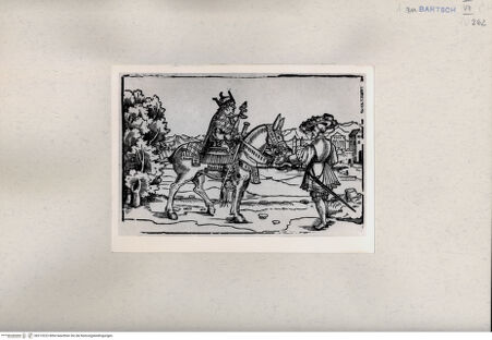 Vorderseite von Warburg Institute? [http://creativecommons.org/publicdomain/mark/1.0/] Mann mit Krone auf Esel vor einem Landsknecht (Satire?) - , bh215222. Foto.