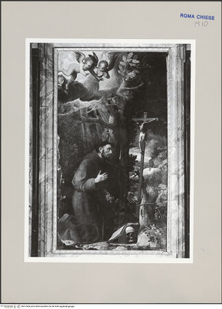 Vorderseite von ICCD [https://www.deutsche-digitale-bibliothek.de/content/lizenzen/rv-ez/] Der heilige Franziskus in Anbetung des Kruzifixes - Gesamtansicht, bh217409_recto. Foto.