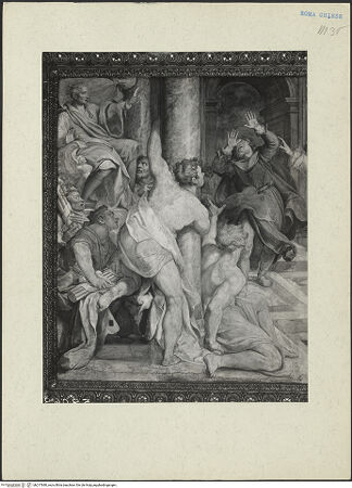 Vorderseite von ICCD [https://www.deutsche-digitale-bibliothek.de/content/lizenzen/rv-ez/] Ausstattung der Cappella Frangipane: Zyklus zum Leben des heiligen Paulus, Propheten und weitere SzenenBestrafung des Elymas - Detail: linke Bildhälfte, bh217680_recto. Foto.