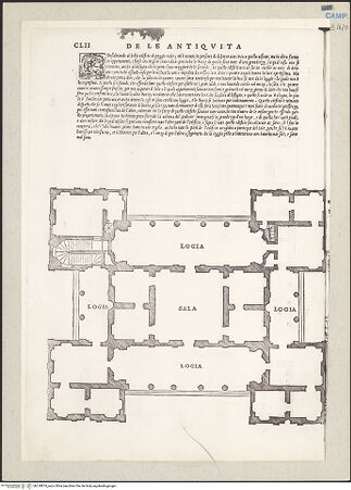 Vorderseite von unbekannt [https://www.deutsche-digitale-bibliothek.de/content/lizenzen/rv-fz/] Il Terzo Libro di Sabastiano Serlio Bolognese, nel qual si figurano, e descrivono le antiquità di Roma ...Folio CLII: Villa di Poggio Reale, Neapel, Grundriss - Gesamtansicht, bh218874_recto. Foto.