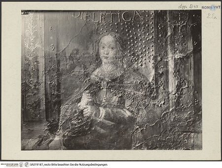 Vorderseite von Musei Vaticani [https://www.deutsche-digitale-bibliothek.de/content/lizenzen/rv-ez/] Wand- und Deckendekoration der Sala delle Scienze e delle Arti LiberaliPersonifikation der Dialektik - Detail, bh219187_recto. Foto.