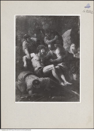 Vorderseite von Sopr. BAS NA [https://www.deutsche-digitale-bibliothek.de/content/lizenzen/rv-ez/] Die Kreuzaufrichtung: Christus wird an das Kreuz genagelt - Gesamtansicht, bh220730_recto. Foto.