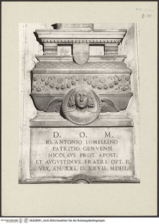 Vorderseite von Courtauld Institute? [https://www.deutsche-digitale-bibliothek.de/content/lizenzen/rv-ez/] Grabmal des Antonio Lomellino - Sarkophag mit Portraitmedaillon und Inschrift, bh220891_recto. Foto.