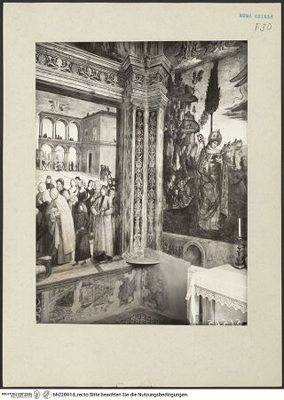 Vorderseite von ICCD [https://www.deutsche-digitale-bibliothek.de/content/lizenzen/rv-ez/] Szenen aus dem Leben des heiligen Bernhardin von Siena - Raumecke linke Wand und Altarwand, bh220914_recto. Foto.