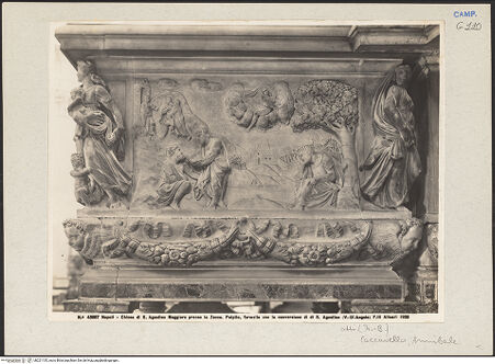 Vorderseite von Alinari [https://www.deutsche-digitale-bibliothek.de/content/lizenzen/rv-ez/] Kanzel mit Tugendstatuetten und drei Reliefs mit predigendem Christus und Heiligenszenen - Seitenansicht (Relief: Bekehrung des heiligen Augustinus; Caritas links; Iustitia rechts), bh221135_recto. Foto.