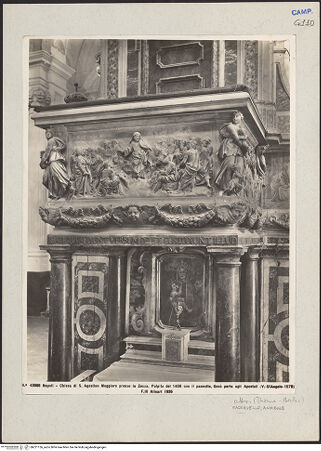 Vorderseite von Alinari [https://www.deutsche-digitale-bibliothek.de/content/lizenzen/rv-ez/] Kanzel mit Tugendstatuetten und drei Reliefs mit predigendem Christus und Heiligenszenen - Seitenansicht (Relief: Christus predigt), bh221136_recto. Foto.