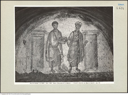 Vorderseite von Alinari [https://www.deutsche-digitale-bibliothek.de/content/lizenzen/rv-ez/] Der heilige Ianuarius präsentiert über die Vermittlung des heiligen Petrus Christus seine Märtyrerkrone - Detail (vor der Restaurierung), bh221150_recto. Foto.