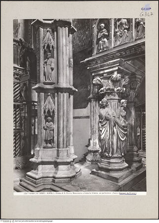 Vorderseite von Alinari [https://www.deutsche-digitale-bibliothek.de/content/lizenzen/rv-ez/] Grabmal des Königs Robert I.Untere Hälfte: Karyatiden, Sarkophag und GrabkammerLinker Pfeiler mit Tugenden - Prudentia und Fides (linker Pfeiler im Vorgrund), bh221347_recto. Foto.