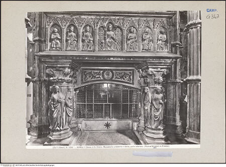 Vorderseite von Alinari [https://www.deutsche-digitale-bibliothek.de/content/lizenzen/rv-ez/] Grabmal des Königs Robert I.Untere Hälfte: Karyatiden, Sarkophag und Grabkammer - Tugenden und Sarkophag, bh221349_recto. Foto.