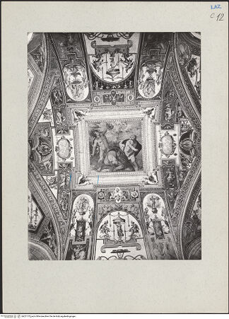 Vorderseite von ICCD [https://www.deutsche-digitale-bibliothek.de/content/lizenzen/rv-ez/] Groteskendekoration mit Ruinenlandschaften und vier mythologischen SzenenDer Aufstand der Giganten - , bh221773_recto. Foto.