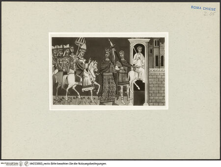Vorderseite von Stiftung Museum Kunstpalast (Graphische Sammlung) [https://www.deutsche-digitale-bibliothek.de/content/lizenzen/rv-ez/] Aus der Geschichte Contantis des Großen. In einer Kapelle neben der Kirche SS. Quatro Coronati in Rom - Gesamtansicht, bh223883_recto. Foto.