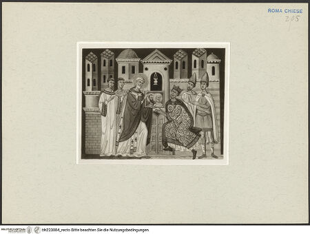 Vorderseite von Stiftung Museum Kunstpalast (Graphische Sammlung) [https://www.deutsche-digitale-bibliothek.de/content/lizenzen/rv-ez/] Aus der Geschichte Contantis des Großen. In einer Kapelle neben der Kirche SS. Quatro Coronati in Rom - Gesamtansicht, bh223884_recto. Foto.