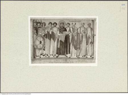 Vorderseite von Kupferstichkabinett Düsseldorf [https://www.deutsche-digitale-bibliothek.de/content/lizenzen/rv-ez/] Ravenna, San Vitale, Dekoration des PresbyteriumsDie Opferung von Kaiser Justinian - Gesamtansicht, bh223922_recto. Foto.