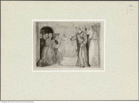 Vorderseite von Kupferstichkabinett Düsseldorf [https://www.deutsche-digitale-bibliothek.de/content/lizenzen/rv-ez/] Ravenna, Santa Maria in Porto Fuori, Wandbild der Cappella di San Matteo (Matthew befreit die Menschen von Nadaber von dem Zauber - J. da Varazze, Legenda Aurea, CXL) - Gesamtansicht, bh223925_recto. Foto.