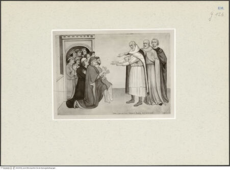 Vorderseite von Kupferstichkabinett Düsseldorf [https://www.deutsche-digitale-bibliothek.de/content/lizenzen/rv-ez/] Ravenna, Santa Maria in Porto Fuori, Wandbild der Cappella di San Matteo (Der Zauber der Magier von Nadaber - J. da Varazze, Legenda Aurea, CXL) - Gesamtansicht, bh223926_recto. Foto.