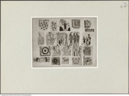 Vorderseite von Kupferstichkabinett Düsseldorf [https://www.deutsche-digitale-bibliothek.de/content/lizenzen/rv-ez/] Ravenna, San Giovanni Evangelista, Fragmente des alten Fußbodenmosaiks (Eva; Szene der höfischen Liebe; Vierter Kreuzzug; Tiere) - Gesamtansicht, bh223929_recto. Foto.