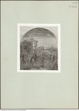 Vorderseite von Kupferstichkabinett Düsseldorf [https://www.deutsche-digitale-bibliothek.de/content/lizenzen/rv-ez/] Szenen aus dem Leben des heiligen BenediktHeiliger Benedikt auf dem Wege nach Rom - Gesamtansicht, bh223959_recto. Foto.