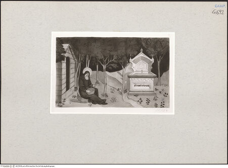 Vorderseite von Kupferstichkabinett Düsseldorf [https://www.deutsche-digitale-bibliothek.de/content/lizenzen/rv-ez/] Szenen aus dem Leben der heiligen AnachoretenLeben in der Wüste - Gesamtansicht, bh223969_recto. Foto.