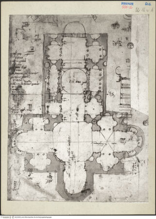 Vorderseite von Sopr. BAS FI [https://www.deutsche-digitale-bibliothek.de/content/lizenzen/rv-ez/] Rom, Sankt Peter, Reduktionsplan, Grundrissentwurf - Gesamtansicht, bh224303_recto. Foto: Alinari.