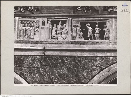 Vorderseite von Alinari [https://www.deutsche-digitale-bibliothek.de/content/lizenzen/rv-ez/] Szenen aus dem Leben der heiligen Katharina von Alexandrien - Szene 8: Katharina bekehrt die Kaiserin zum Christentum; das Martyrium der Kaiserin und ihrer Gefährtinnen; Szene 9: Katharina wird gefoltert (vor 1943), bh224764_recto. Foto.