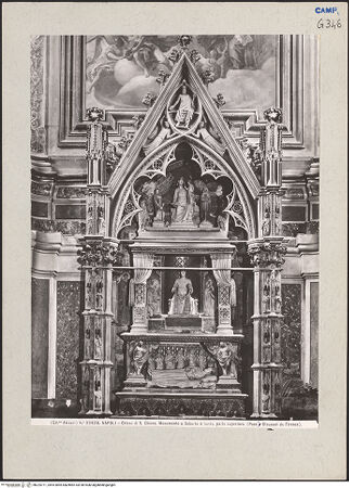 Vorderseite von Alinari [https://www.deutsche-digitale-bibliothek.de/content/lizenzen/rv-ez/] Grabmal des Königs Robert I. - Sarkophag, Totenkammer, Statue des Königs Robert und Anbetung der Madonna, bh224771_recto. Foto.