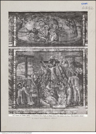 Vorderseite von Alinari [https://www.deutsche-digitale-bibliothek.de/content/lizenzen/rv-ez/] Passion Christi und Erscheinungen nach der AuferstehungChristus wird entkleidet. Die Kreuzaufrichtung - Christus im Garten von Gethsemane (oben), die Kreuzaufrichtung (unten), bh224826_recto. Foto.