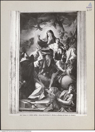 Vorderseite von Alinari [https://www.deutsche-digitale-bibliothek.de/content/lizenzen/rv-ez/] Maria überreicht dem heiligen Dominikus, der vor ihr kniet, einen Rosenkranz - Gesamtansicht, bh225044_recto. Foto.