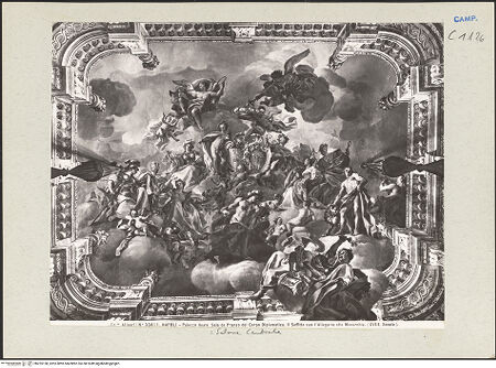 Vorderseite von Alinari [https://www.deutsche-digitale-bibliothek.de/content/lizenzen/rv-ez/] Allegorie der Tugenden des Carlo di Borbone und der Maria Amalia von Sachsen über Quadraturmalerei - Gesamtansicht, bh225158_recto. Foto.