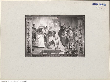 Vorderseite von Staatliche Museen zu Berlin [https://www.deutsche-digitale-bibliothek.de/content/lizenzen/rv-ez/] Acht Wandgemälde aus der Casa Bartholdy (Zuccari) in RomJoseph gibt sich seinen Brüdern zu erkennen - Ansicht mit flankierenden Pilastern, bh227648_recto. Foto.