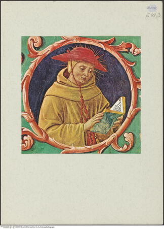 Vorderseite von Tecnofoto, Roma [https://www.deutsche-digitale-bibliothek.de/content/lizenzen/rv-ez/] Szenen aus dem Leben des heiligen Franz von Assisi und HeiligeBerühmte Franziskaner und Förderer des Franziskanerordens (Medaillons) - Detail: Bonaventura da Bagnoregio, bh227678_recto. Foto.
