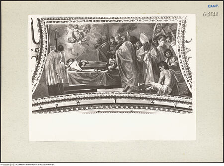 Vorderseite von Bibliotheca Hertziana [https://www.deutsche-digitale-bibliothek.de/content/lizenzen/rv-fz/] Madonna del Carmelo und Episoden der Geschichte des KarmeliterordensEpisoden aus dem Leben des Seligen Simone Stock oder Episoden aus der Geschichte des Karmeliterordens - Szene aus der Geschichte des Karmeliterordens: Totenbett des Seligen Simone Stock (?), bh227683_recto. Foto: Rigamonti.