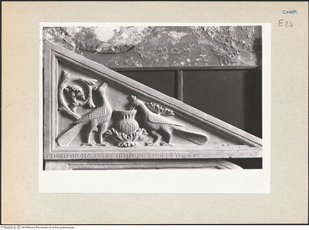 Vorderseite von Pedicini, Luciano [https://www.deutsche-digitale-bibliothek.de/content/lizenzen/rv-ez/] Szenen aus der Geschichte des Jonas (Jonas predigt in Ninive und Jonas wird aus dem Wal ausgespien) - Detail: Pfauen, bh227800_recto. Foto: Pedicini, Luciano.