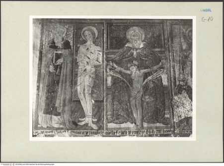 Vorderseite von Getty Research Institute [https://www.deutsche-digitale-bibliothek.de/content/lizenzen/rv-ez/] Votivfresken mit Heiligendarstellungen - Oberes Register, Teilansicht: Antonius Abbas, Sebastian, Gnadenstuhl, bh228384_recto. Foto: Hutzel, Max.