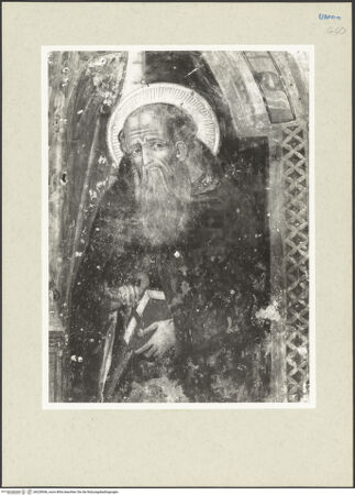 Vorderseite von Getty Research Institute [https://www.deutsche-digitale-bibliothek.de/content/lizenzen/rv-ez/] Marias Himmelfahrt und Krönung sowie Evangelisten und HeiligeThronende Madonna mit den heiligen Jakobus Major und Antonius Abbas - Detail: heiliger Antonius Abbas, bh228546_recto. Foto: Hutzel, Max.