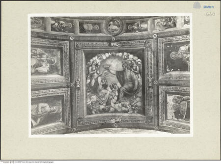 Vorderseite von Getty Research Institute [https://www.deutsche-digitale-bibliothek.de/content/lizenzen/rv-ez/] Marias Himmelfahrt und Krönung sowie Evangelisten und HeiligeMarienkrönung, Evangelisten und Heilige - Gewölbescheitel: Marienkrönung (Untersicht), bh228547_recto. Foto: Hutzel, Max.