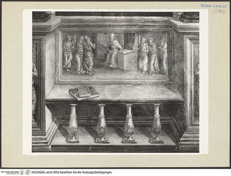 Vorderseite von Courtauld Institute [https://www.deutsche-digitale-bibliothek.de/content/lizenzen/rv-ez/] Sockelzone und Himmelfahrt Mariens Fresken in der SockelzoneIllusionistische Darstellung von Wandnischen mit Bänken; Szenen aus der Vita verschiedener HeiligerAugustinus mit heidnischen Schriftgelehrten - Gesamtansicht, bh230260_recto. Foto.