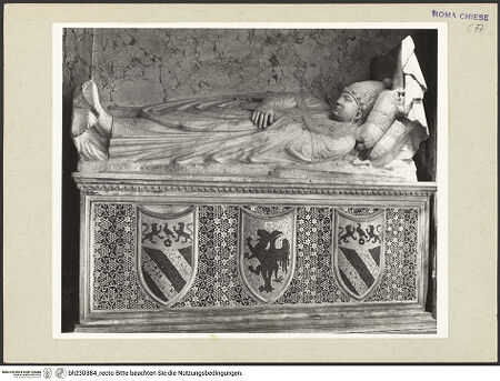 Vorderseite von Courtauld Institute [https://www.deutsche-digitale-bibliothek.de/content/lizenzen/rv-ez/] Grabmal von Papst Honorius IV. - Detail: Sarkophag und Gisant, bh230384_recto. Foto.