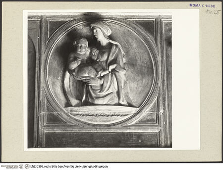 Vorderseite von Courtauld Institute [https://www.deutsche-digitale-bibliothek.de/content/lizenzen/rv-ez/] Grabmal des Pietro da Vicenza Bischof von Cesena - Detail: Relieftondo, bh230399_recto. Foto.