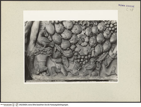 Vorderseite von Courtauld Institute [https://www.deutsche-digitale-bibliothek.de/content/lizenzen/rv-ez/] Grabmonument für Luca Savelli (gest. 1266)Sarkophag mit zwei Halbfiguren der Verstorbenen und zwei von drei Jünglingsgestalten gezogene Festons - Detail: linker Feston und Amoretten, bh230404_recto. Foto.