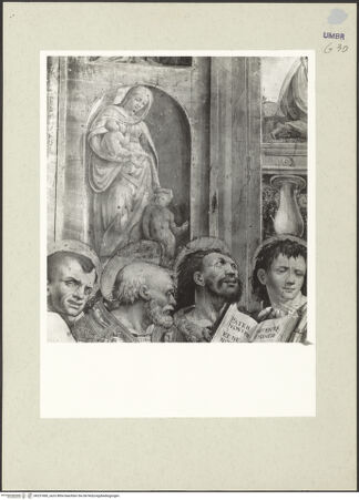 Vorderseite von Getty Research Institute [https://www.deutsche-digitale-bibliothek.de/content/lizenzen/rv-ez/] Szenen aus dem Leben der Maria und HeiligeMarientod - Obere Hälfte, Detail: Nische mit Maria lactans mit Johannesknaben, bh231680_recto. Foto: Hutzel, Max.