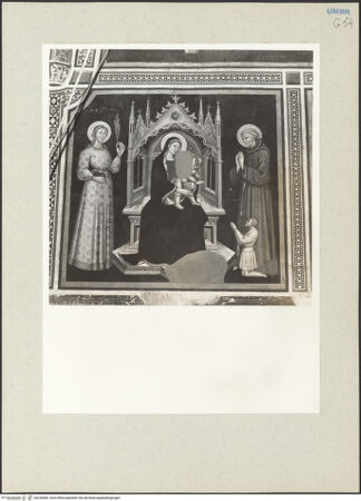 Vorderseite von Getty Research Institute [https://www.deutsche-digitale-bibliothek.de/content/lizenzen/rv-ez/] Szenen aus dem Leben Mariens und Christi, Heilige und ProphetenThronende Madonna, flankiert von den heiligen Katharina und Franz von Assisi - Gesamtansicht, bh232069_recto. Foto: Hutzel, Max.