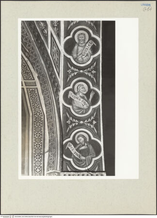 Vorderseite von Getty Research Institute [https://www.deutsche-digitale-bibliothek.de/content/lizenzen/rv-ez/] Szenen aus dem Leben Mariens und Christi, Heilige und ProphetenBrustbilder von Christus, Patriarchen und Propheten in Vierpässen - Rechte Seite, Detail: drei Propheten (Ezechiel, Jona und Joel), bh232080_recto. Foto: Hutzel, Max.