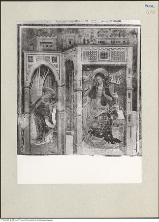 Vorderseite von Guido, Giovanni, Lecce [https://www.deutsche-digitale-bibliothek.de/content/lizenzen/rv-ez/] Verkündigung. Heiliger Georg und der Drachen. Heiliger Eustachius oder Legende des Tankred von Lecce - Verkündigung (vor 1975 Übertragung und Restaurierung), bh233231_recto. Foto: Guido, Giovanni.