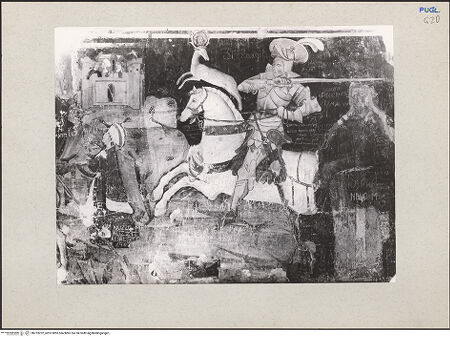 Vorderseite von Guido, Giovanni, Lecce [https://www.deutsche-digitale-bibliothek.de/content/lizenzen/rv-ez/] Verkündigung. Heiliger Georg und der Drachen. Heiliger Eustachius oder Legende des Tankred von Lecce - Legend des Tankred von Lecce (vor 1975 Übertragung und Restaurierung), bh233232_recto. Foto: Guido, Giovanni.