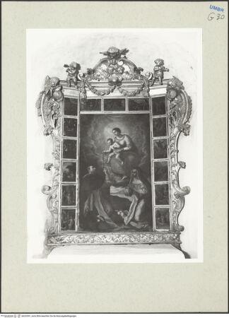 Vorderseite von Getty Research Institute? [https://www.deutsche-digitale-bibliothek.de/content/lizenzen/rv-ez/] Übergabe des Rosenkranzes an den heiligen Dominikus und die heilige Katharina von Siena  - Gesamtansicht mit Rahmen, bh233391_recto. Foto: Hutzel, Max.