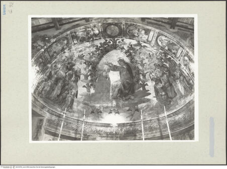 Vorderseite von Getty Research Institute [https://www.deutsche-digitale-bibliothek.de/content/lizenzen/rv-ez/] Marienkrönung, Darstellungen des Erzengels Michael und HeiligeMarienkrönung, Evangelisten und Kirchenväter - Gesamtansicht der Apsiskalotte, bh233392_recto. Foto: Hutzel, Max.