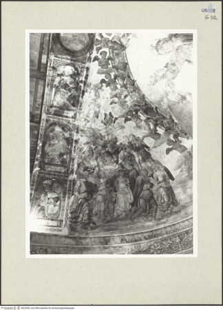 Vorderseite von Getty Research Institute [https://www.deutsche-digitale-bibliothek.de/content/lizenzen/rv-ez/] Marienkrönung, Darstellungen des Erzengels Michael und HeiligeMarienkrönung, Evangelisten und Kirchenväter - Linke Hälfte der Apsiskalotte, Detail: Evangelist Johannes, Kirchenväter Gregor und Augustinus sowie musizierende Engel der Marienkrönung, bh233393_recto. Foto: Hutzel, Max.